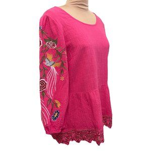 Caleoas Small Boho Embroidered Long Sleeve Pink 100% Cotton Top Bohemian